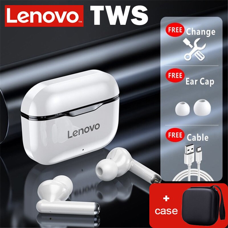 Lenovo LP1 TWS Earphone Bluetooth 5.0 Wireless Headset Waterproof Sport Earbud Noise Cancelling Headphones Dual Stereo HIFI Bass: black with case