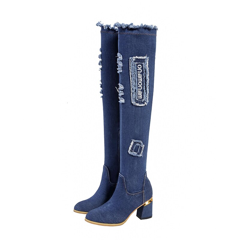 Lucyever Womens Denim Laarzen Over De Knie Wees Teen Dikke Hoge Hakken Schoenen Vrouw Casual Kwastje Uitgesneden Jeans Lange botas Mujer: Blauw / 40(25 cm)