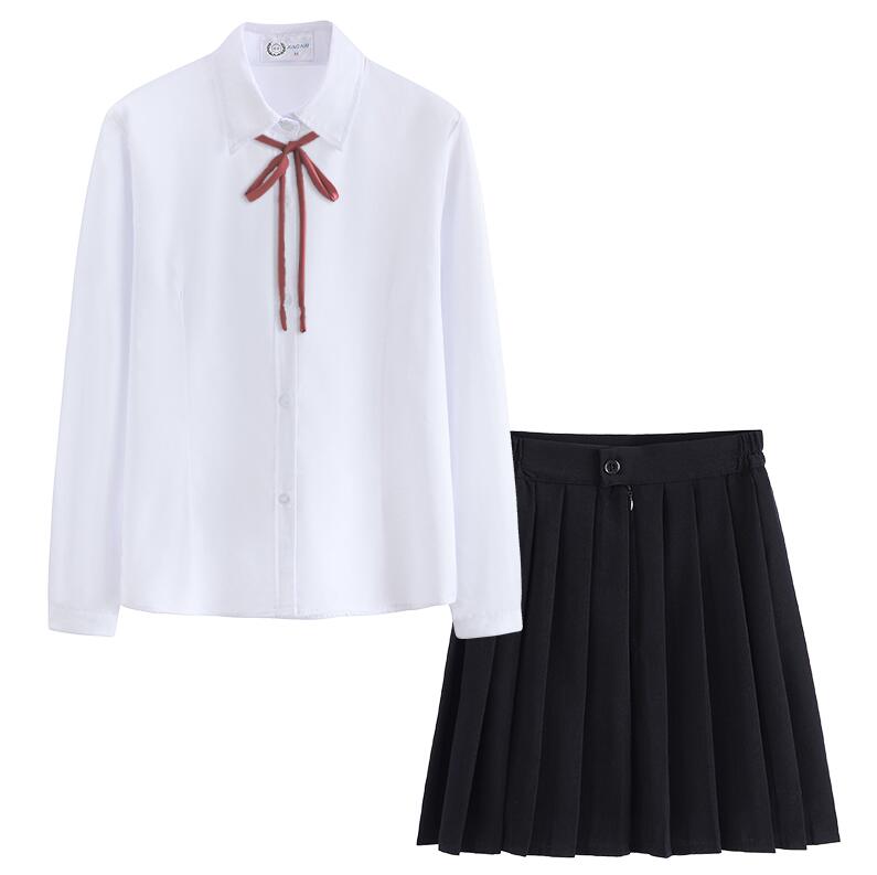 Japanese school uniform JK short-sleeve fitted waist shirt Japan orthodoxy shirt cute SHARP collar pleated skirt SUIT: BLACK LONG SLEEVE / XL