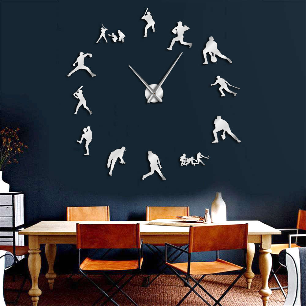 Baseball Wandklok Frameloze Diy Giant Grote Wandklok 3D Horloges Spiegel Effect Softbal Wall Art Decor Voor Woonkamer: Silver / 37inch