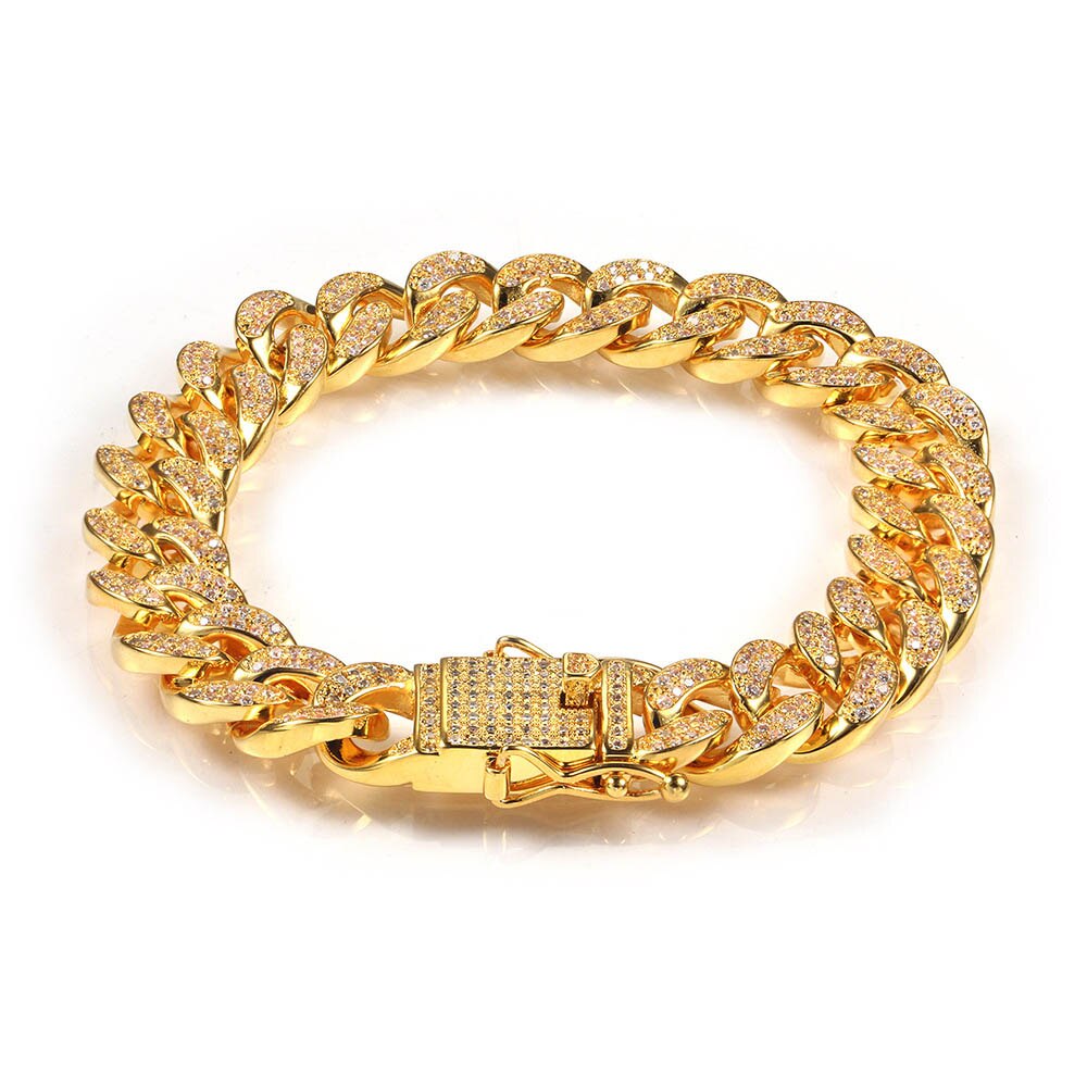 Coola kvinnor herr trottoar cubansk länk armband koppar lab bling iced out hel cz spänne guldkedja silverpläterade armband: Guld- / 7 tum  (18cm )