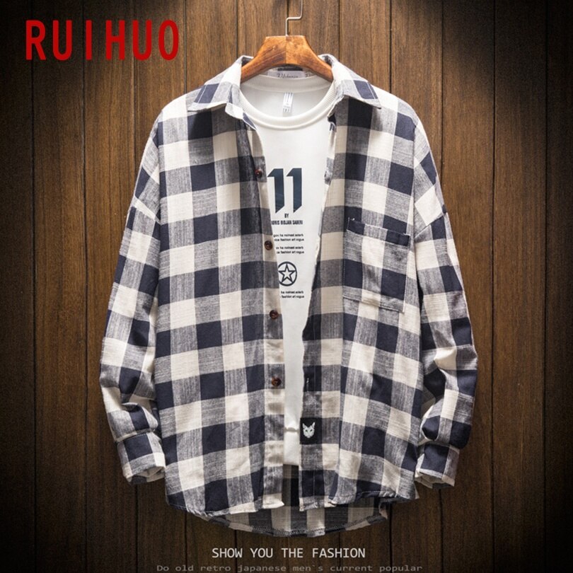 Ruihuo våren casual langermet rutete skjorte herre slim fit bomull herre skjorte japan stil herre klær merke topper m -5xl: Hvit blå / 4xl