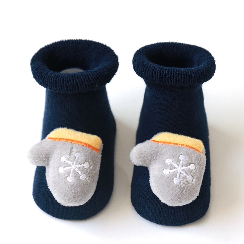 Navidad bebé Navidad calcetines algodón Terry piso calcetines silicona antideslizante bebé niñas niño invierno calcetines calientes: Navy Gloves / 0 to 1Years