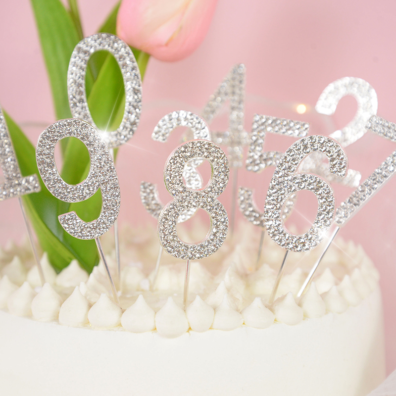 Glitter Alloy Rhinestone 0-9 Number Cake Toppers Gold Silver Digital Cupcake Topper Wedding Birthday Party Dessert Decorations