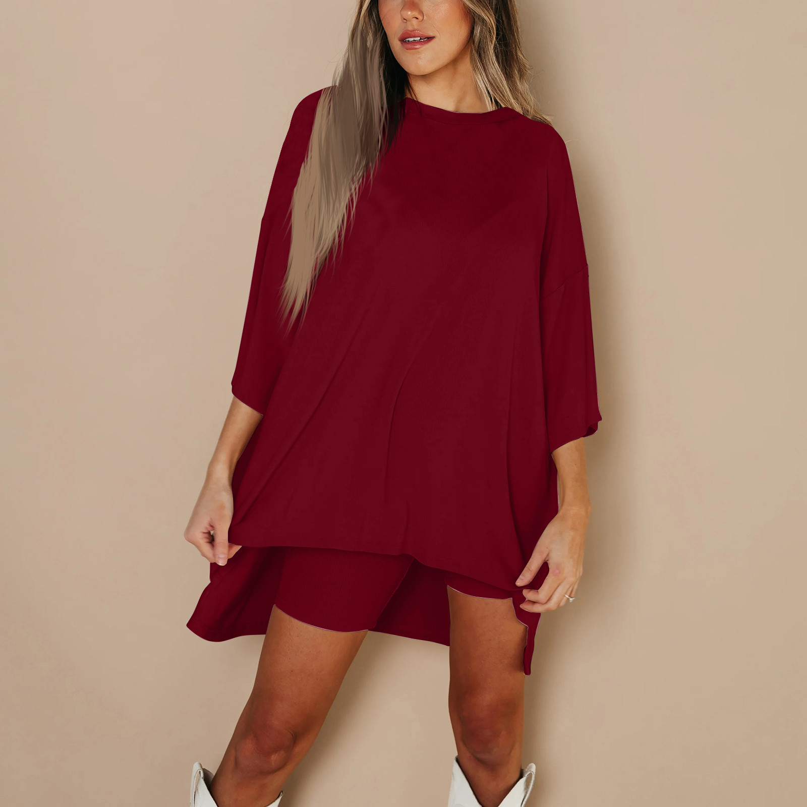 Ensemble Deux Pièces Haut et Short pour Femme, Basique, Polyvalent, Col Rond, Manches Courtes, Directe, 03/Life, Grande Taille