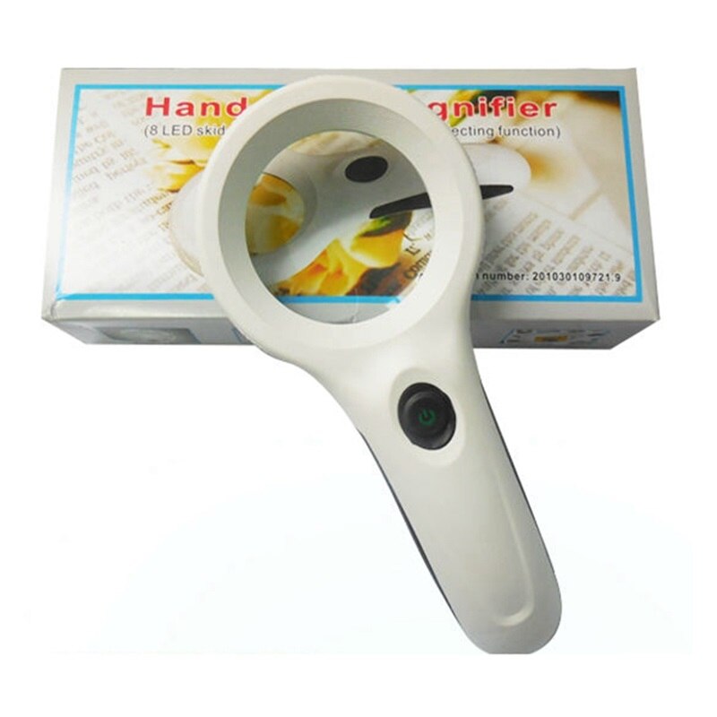 Portable Handheld Magnifier Illuminated Handle Magnifying Glass with 8 Wight LED 1 Ultraviolet Lamp for Reading Identification