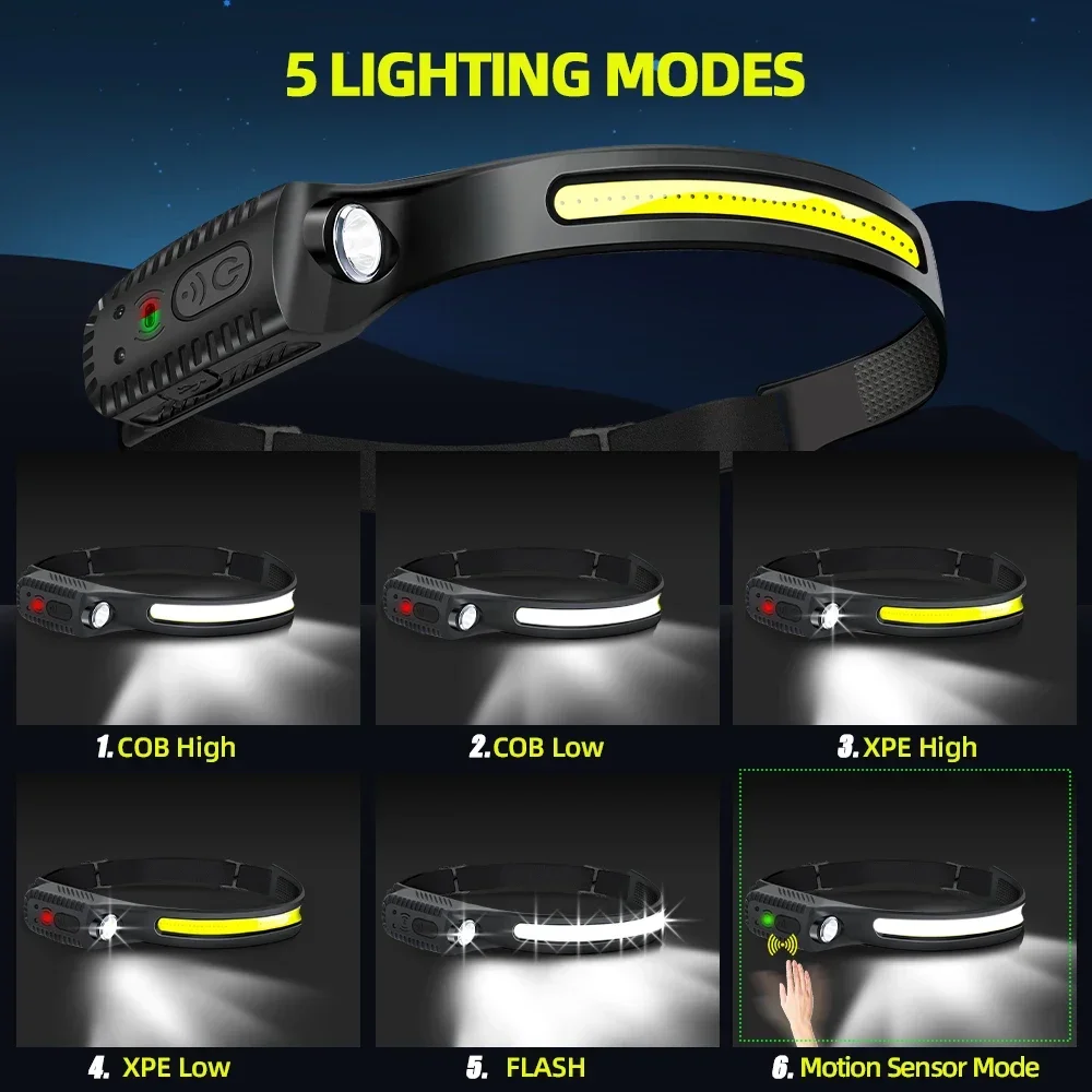 1-10 stk. led-sensorpandelampe med indbygget batteri, usb-genopladelig hovedlommelygte, pandelampe, camping, fiskeri, søgelampe
