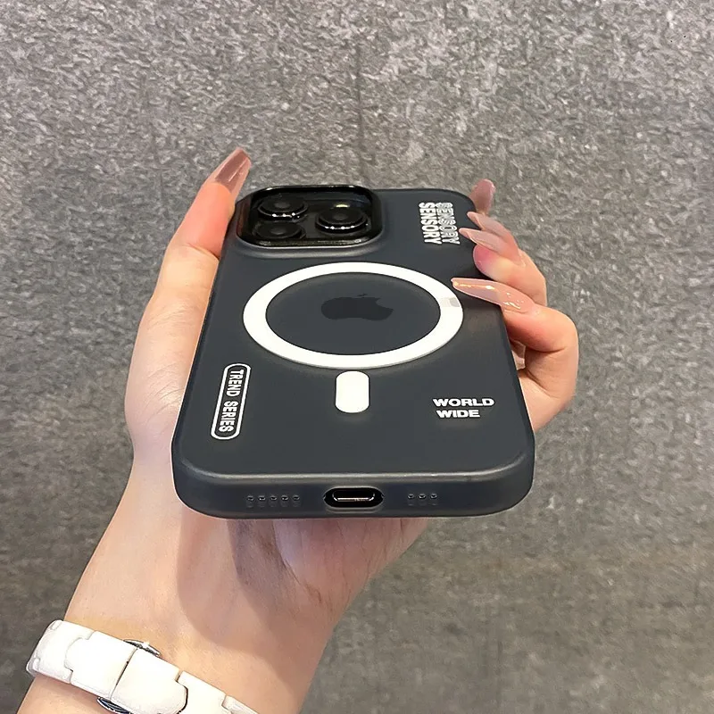 Para Magsafe funda magnética de armadura de para iPhone 16 ProMax 15 14 13 12 Pro Max Plus funda mate de carga inalámbrica cubierta de lente de Metal