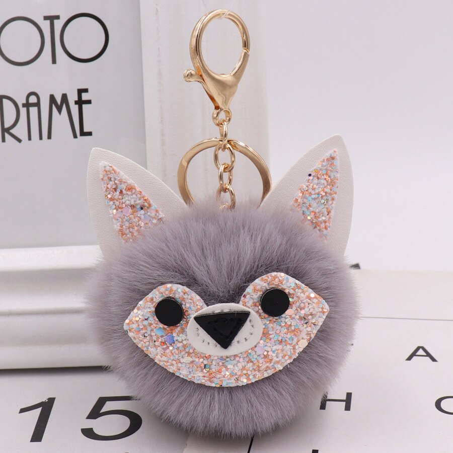 Automne et hiver Style Jade visage renard sac porte-clés modèle Pom-pom porte-clés porte-clés femmes sac pendentif: 1 Light Gray  Gold Tone Chain Buckle