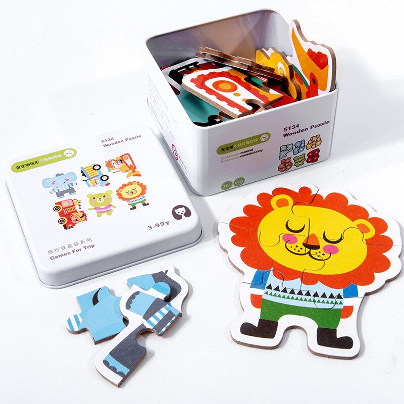 Baby Kids Cognitie Puzzels Speelgoed Peuter Ijzeren Doos Matching Game 3D Houten Puzzel Domino Gyro Sets Voor Kinderen Cognitieve