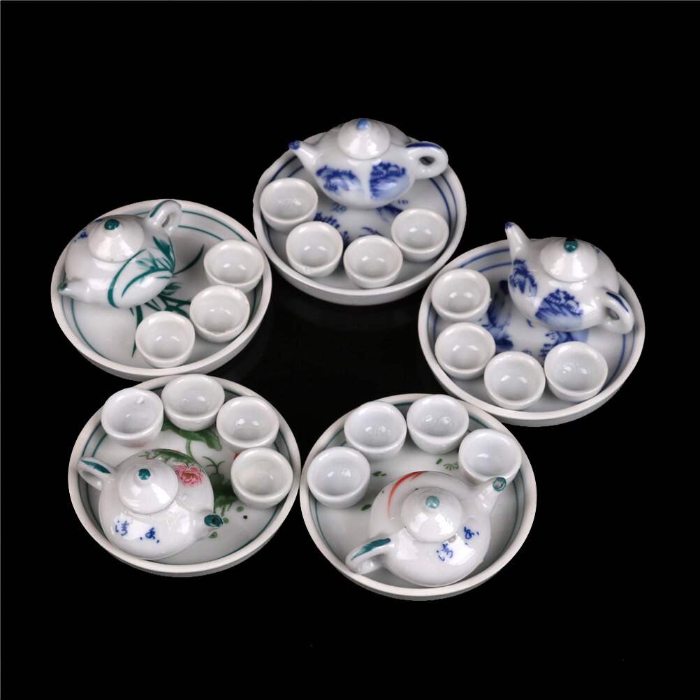 6pcs Colorful Floral Print Porcelain Tea Set Tableware Cup Plate Miniature Dollhouse Dinnerware Simulation Furniture Toys