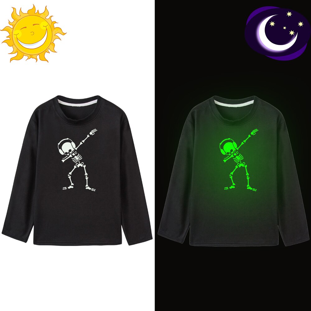 Tamponando Scheletro Danza Del Cranio Luminoso Halloween per Bambini della Maglietta di Modo Delle Ragazze Dei Ragazzi Del bambino A Maniche Lunghe anca salto Nottilucenti T-camicia: 5T