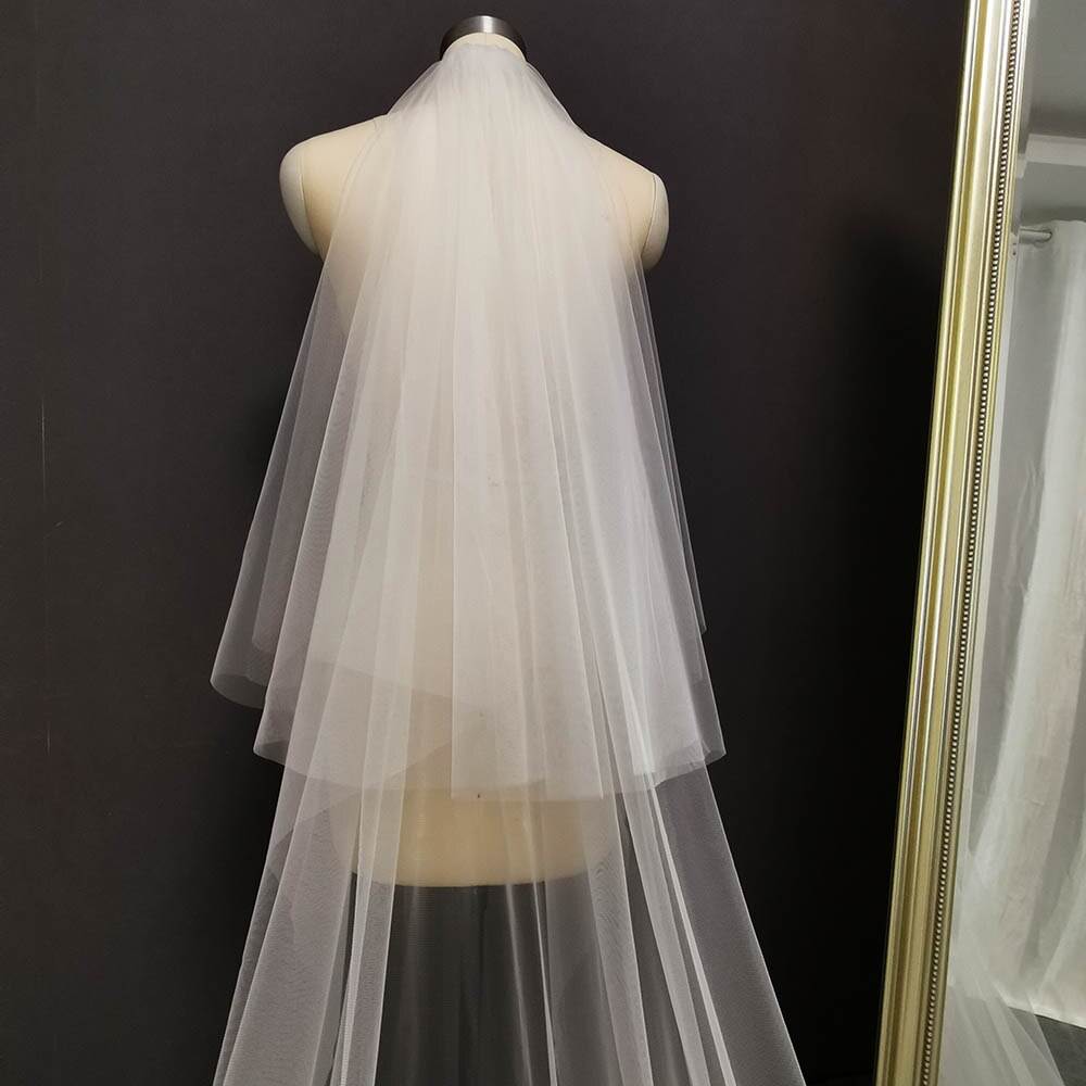 Echt Fotos 2 Ebenen Lange Spitze Hochzeit Schleier mit Rouge 3 M Weiß Elfenbein Weiche Tulle Braut Schleier Hochzeit Zubehör