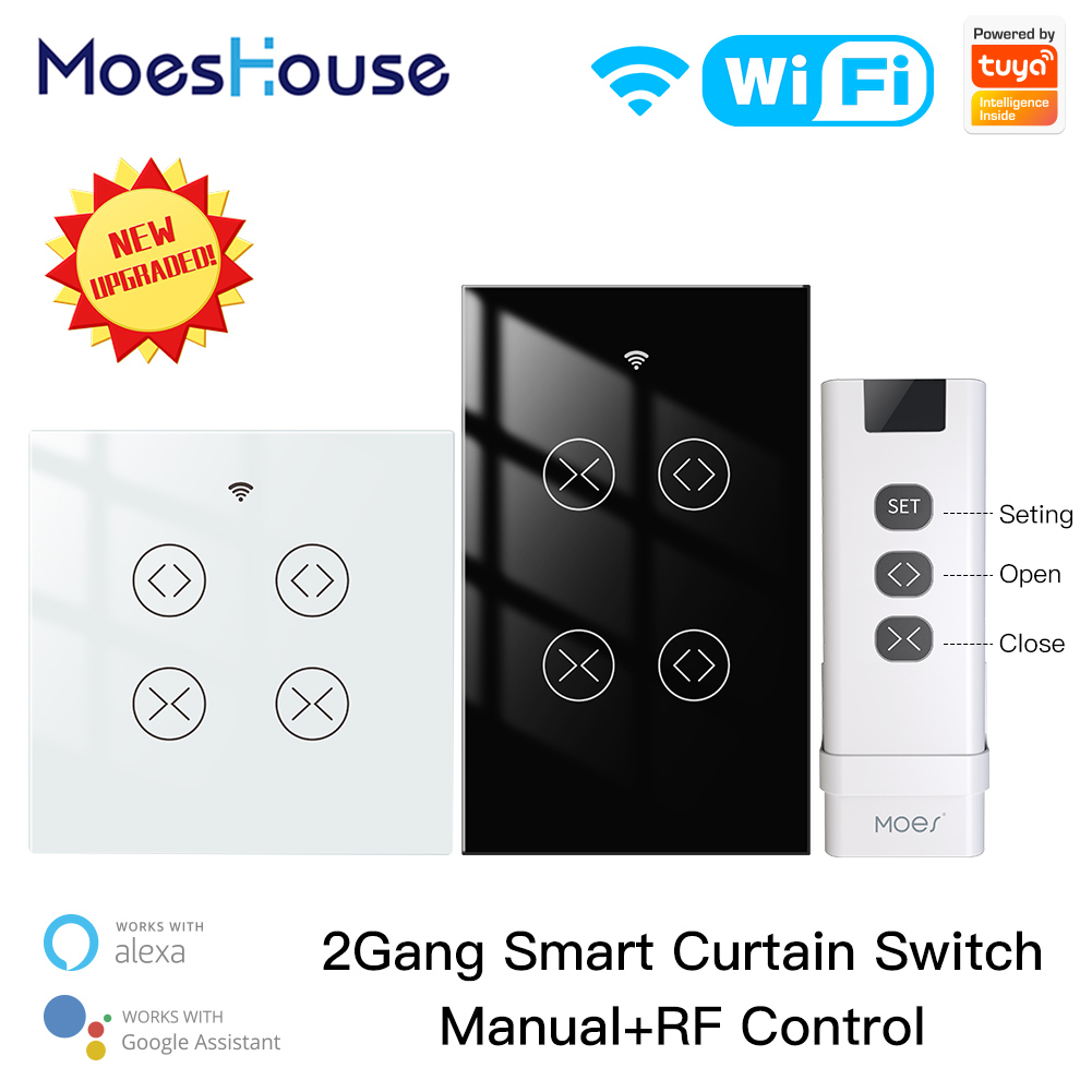 MoesHouse Tuya WiFi RF 2 Gang Double Curtain Blind Switch for Roller Shutter Electric Motor With Google Home Alexa Smart Life
