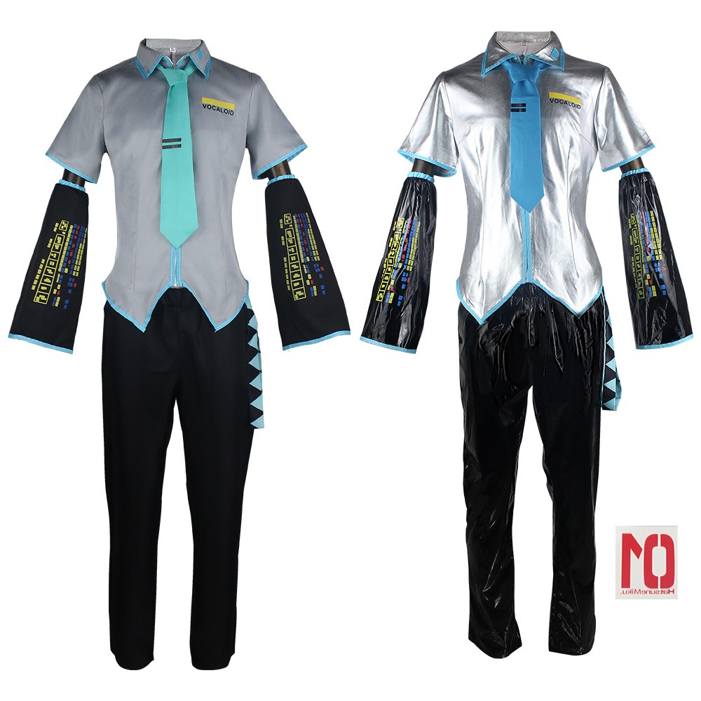 Peluca de disfraz de Miku para hombre, tamaño europeo, conjunto completo de tela de cuero plateado, traje de tela, uniforme de estilo masculino Miku