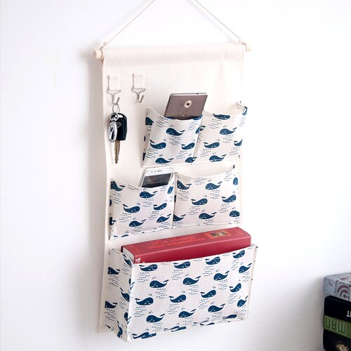 Canvas Storage Hanging Bag Wall Hanging Door Dormitory Hanging Bag 5 Pocket Space Sundries Hanging Organizer: Blue Fish