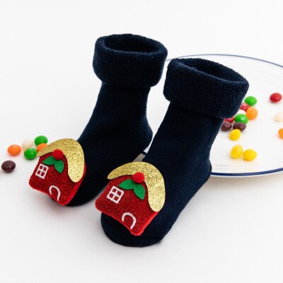Children cuff terry socks cute doll towel socks floor socks autumn and winter cartoon extra thick baby non-slip Christmas socks: Type D / S 0-1Year