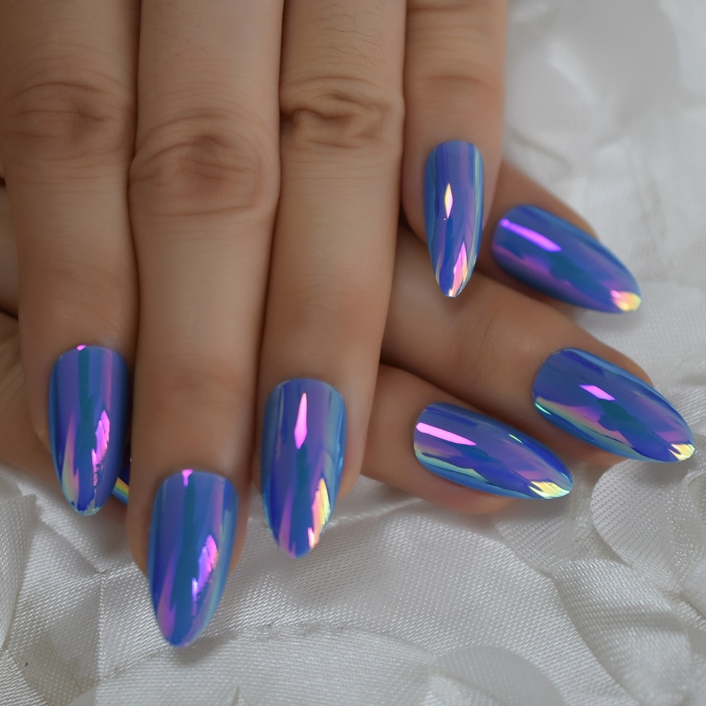 Céu azul holográfico unhas falsas stiletto, médio cromado espelho de plástico curva brilhar it a unha com cola