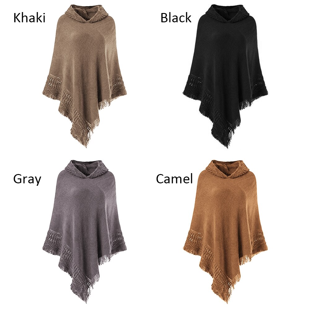 Women Warm Knit Batwing Top Poncho Cape Batwing Cloak Cardigan Coat Sweater Casual Loose Irregular Hem Tassel Cloak