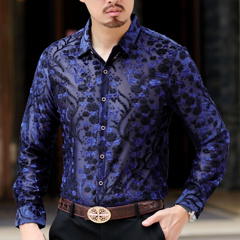 Høstens fineste floral broderi skjorte herre langermet camisa hombre knapp skjorte camicia blomst fløyels skjorte herre
