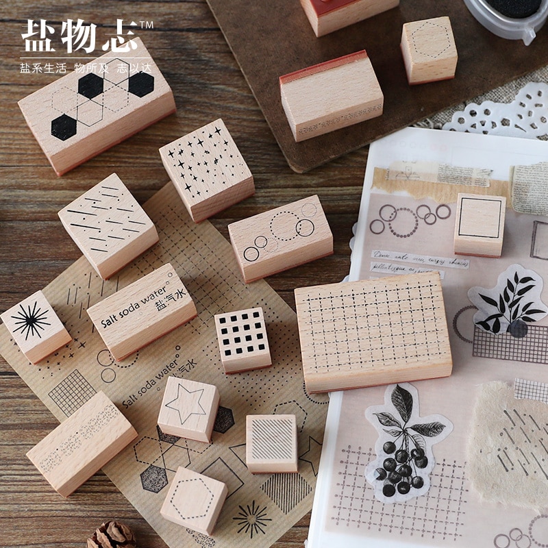 17 st/set vintage geometrisk rund rutnät stämpel diy trä gummistämplar för scrapbooking pappersvaror scrapbooking standard stämpel