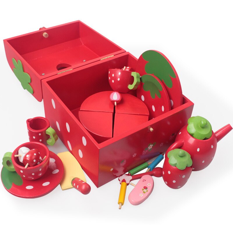 Houten Afternoon Thee Aardbei Rode Verjaardagstaart Cut En Cut kinderen Speelhuis Keuken Speelgoed Set