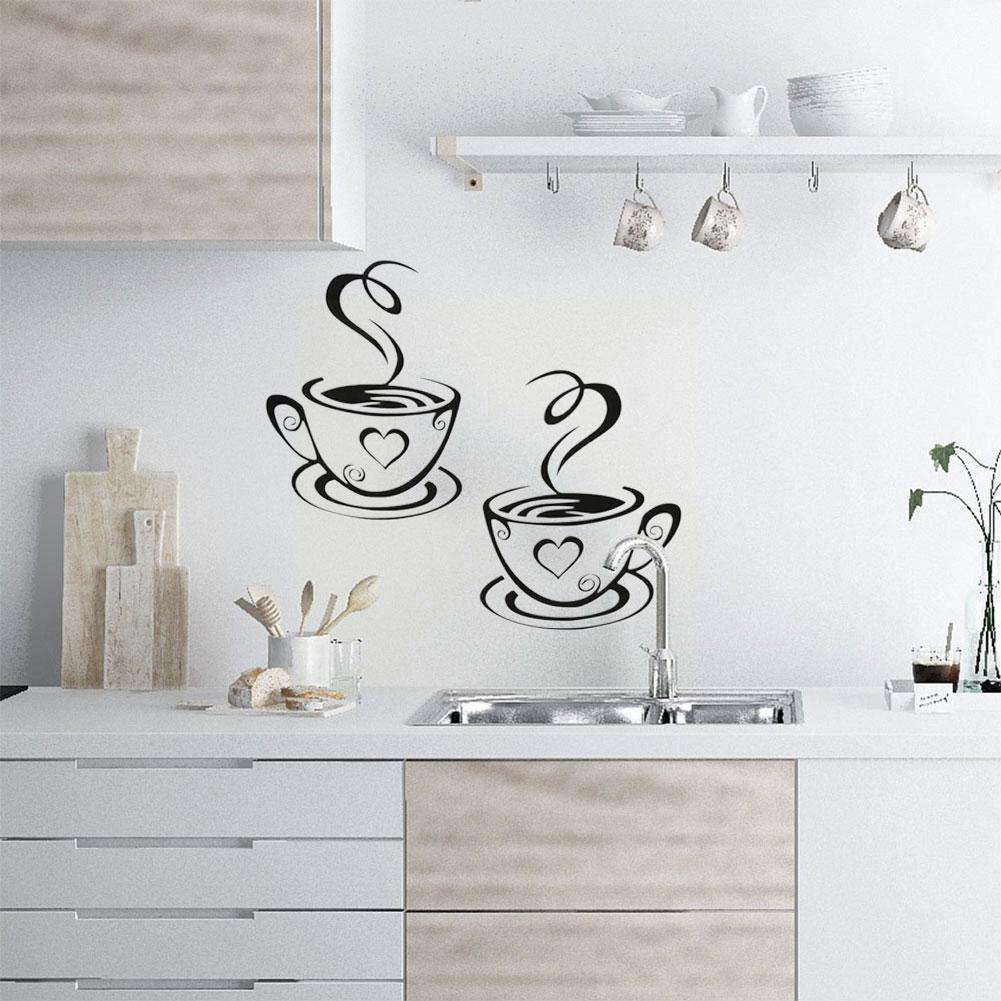 Autocollant mural de deux tasses de café, cuisine, Bar, pour salon, Restaurant, sparadrap d'art de fond, papier peint, décoration de la maison J0A3