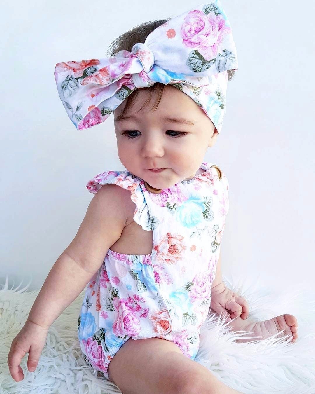 Baby Mädchen Blumen- Karosserie Gesamt Sommer Stirnband Sunsuit Outfit einstellen Babys Sommer Baumwolle Blumen- Baby Kleidung