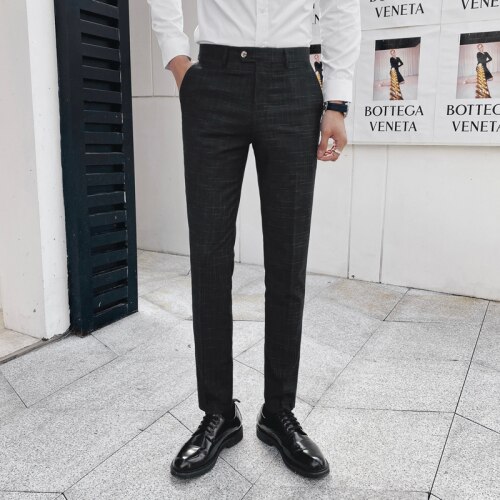 Klassisk ternede plaid jakkesæt bukser mænd business casual kjole bukser mærke koreansk slim fit street wear socialt tøj: Sort / M