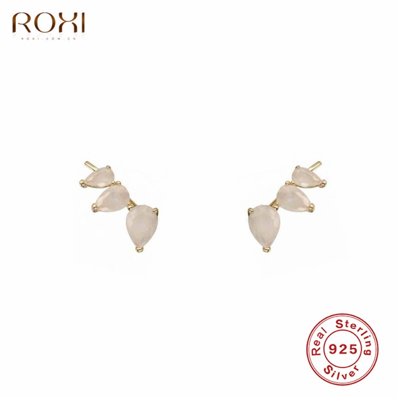 ROXI Boho Flower Ear Climber Tiny Water Stone Stud Earrings For Women Bijoux Ear Crawlers 925 Sterling Silver Earrings