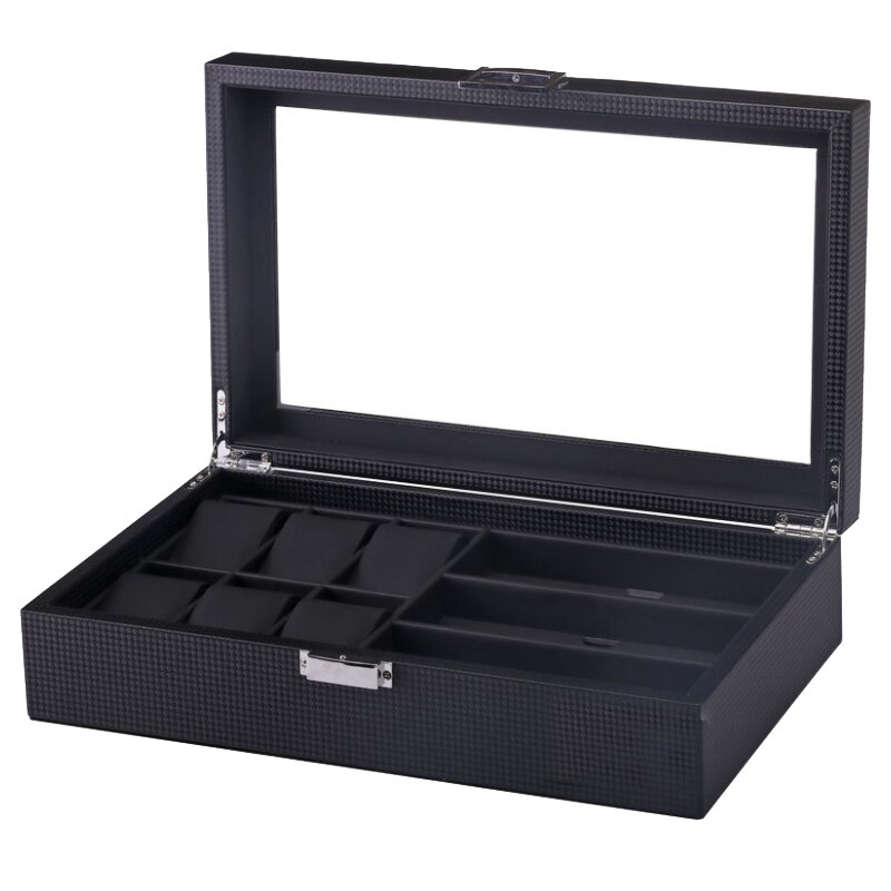 Caja de madera para reloj de lujo con 6 + 3 rejillas, caja para gafas, caja organizadora para joyería, caja de joyería para ver la caja: carbon fiber black