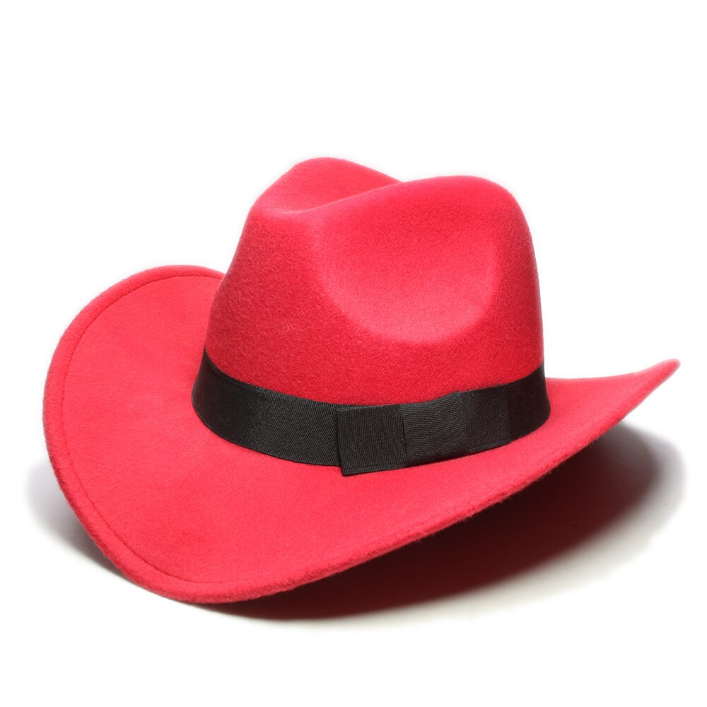 Retro Parent-child Women Men /Kid Wool Wide Brim Cowboy Western Hat Cowgirl Bowler Cap Black Bow Bowknot Ribbon Band (57//54cm): Red / Adult Size 57cm
