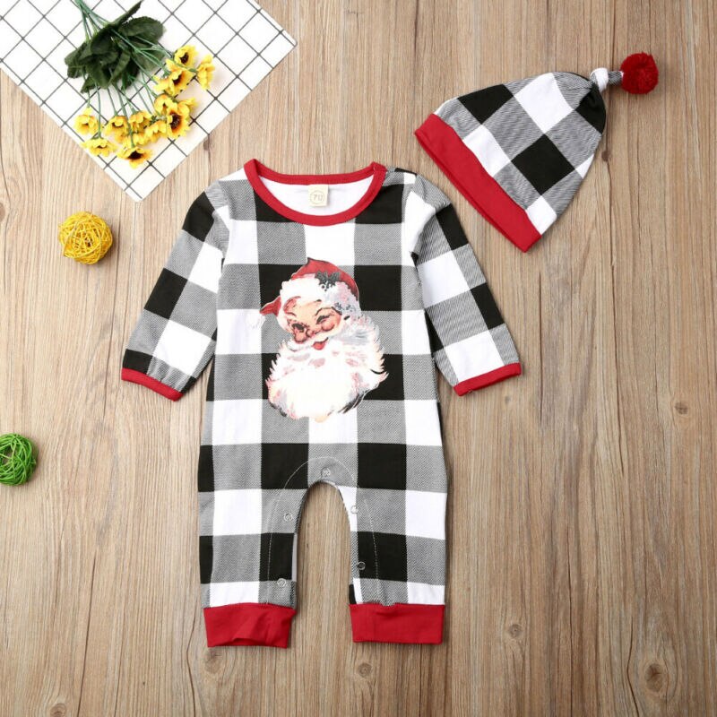 2019 Primavera Outono Vestuário Infantil Do Bebê Da Menina do Menino Roupas de Bebê Xadrez Romper Manga Comprida Macacão Chapéu de Papai Noel 2Pcs outfit Set