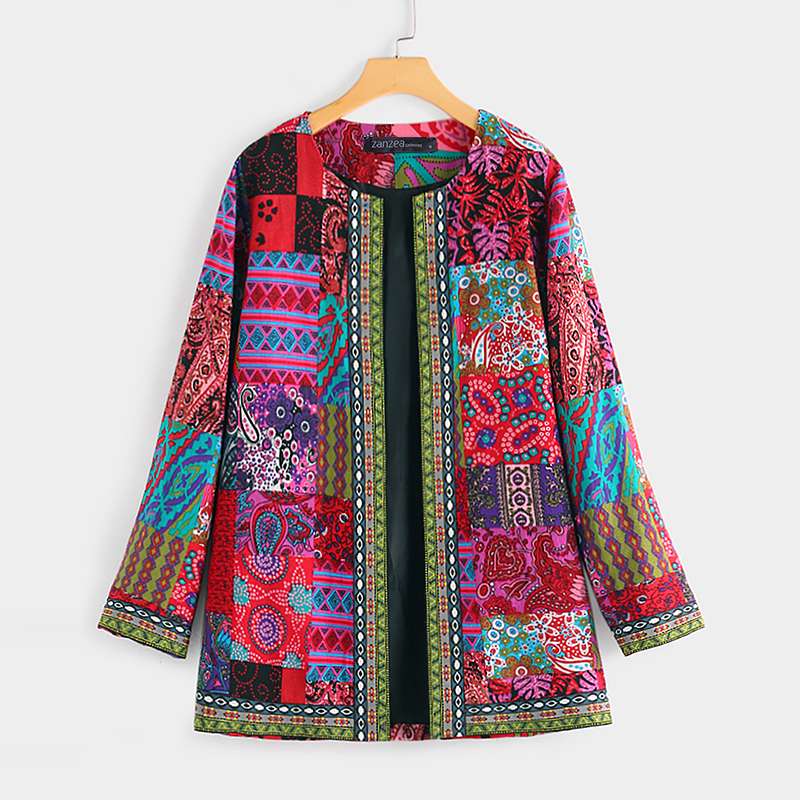ZANZEA ethnique imprimé Cardigan mince manteaux à manches longues Blusas femmes vestes décontracté O cou ouvert Stich pardessus grande taille: Rouge / XXXL