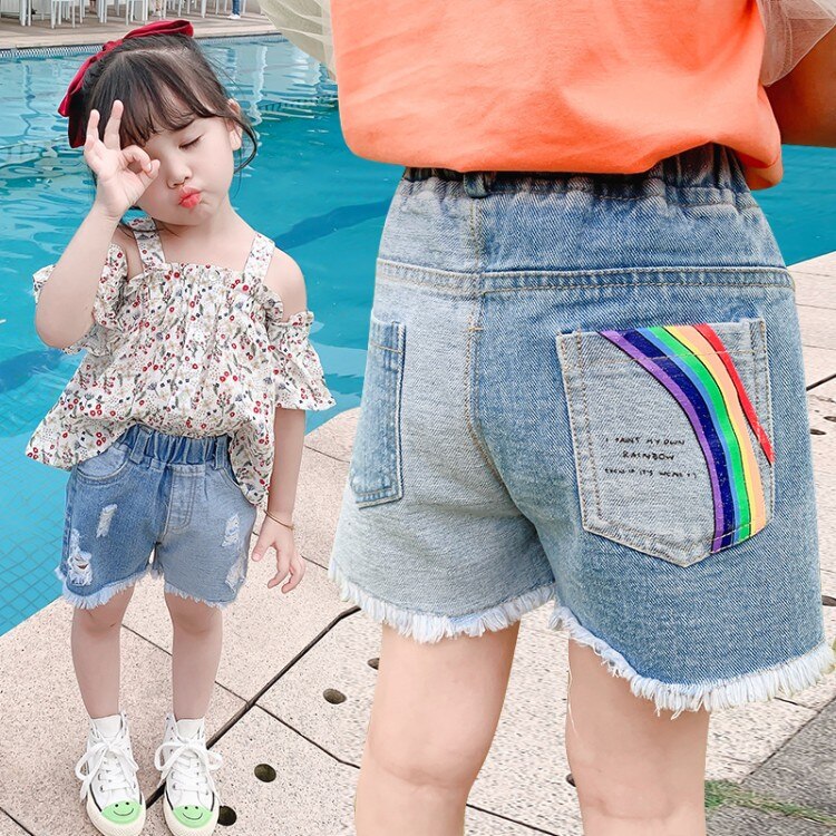 Kids Rainbow Jean Shorts Ripped Pants Summer Casual Streetwear Denim Short Pants for 2 3 5 6 7 8 Years Children Clothes