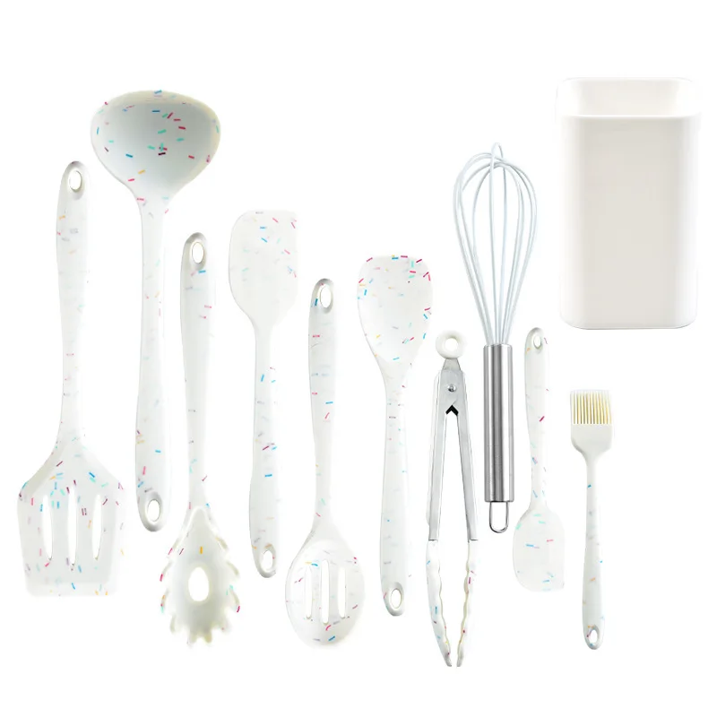 Color Dot Silicone Kitchenware Long Handle Soup Spoon Colander Frying Spatula Egg Beater Household Baking Cooking Tools