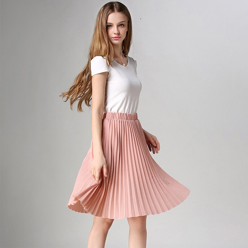 Surmiitro, Falda plisada de gasa para verano, para mujer, , Midi, largo hasta la rodilla, unicolor, 2 capas, cintura alta, falda de corte a para escuela y sol para mujer