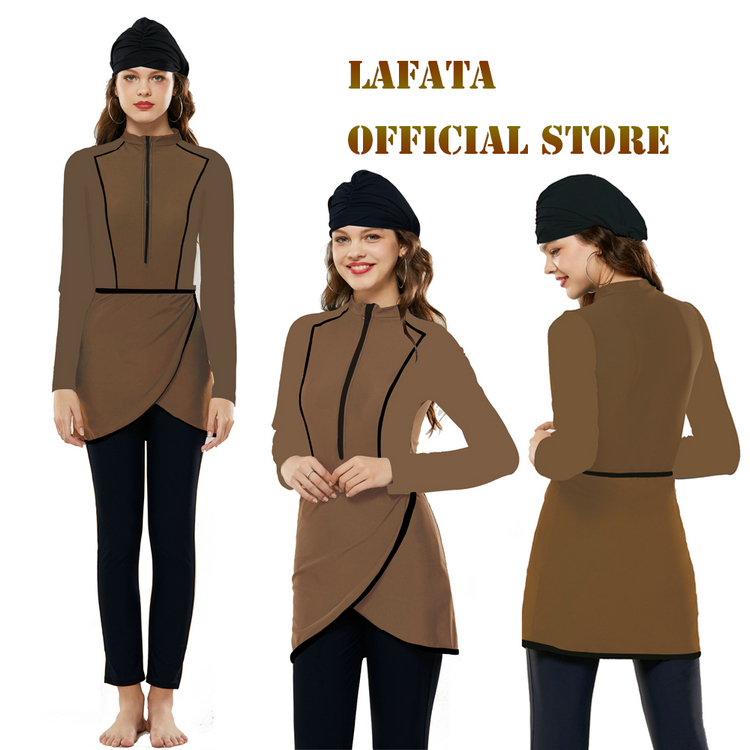 LaFata Color Muslim Swimwear Islamic Modest Swimming Suit Burkini Women Swimsuit with Hijab: Brown / M