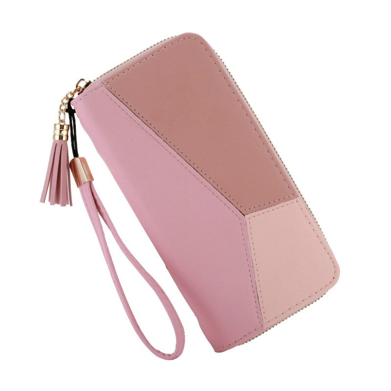 Women Wallets Long Color Contrast Clutch Bag Large Capacity Zipper Wallet Mobile Phone Bag Standard Wallets PU: Pink A