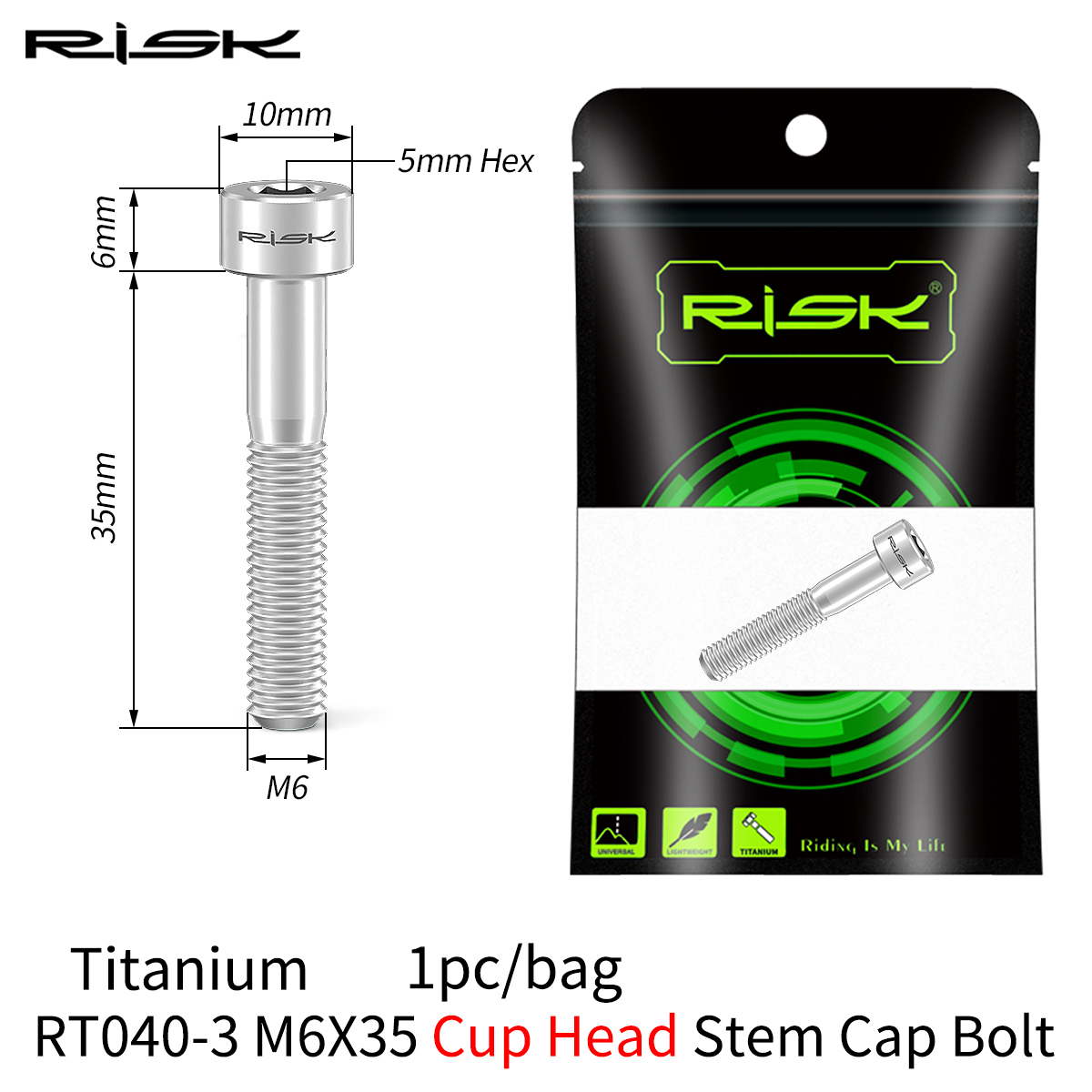 RISK 1PCS M6x30 M6x35 M6x40 M6x50mm Bicycle Headset Bolts Titanium Stem Cap Screws for Mountain MTB Road Bike M6*30/35/40/50mm: light green