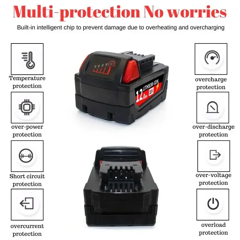For Milwaukee M18 Power Tool Battery, Charger, BR, XC, 18V, 6000mAh/9000mAh/12000mAh M18B5, 48-11-1860, Built-in 18650 Battery
