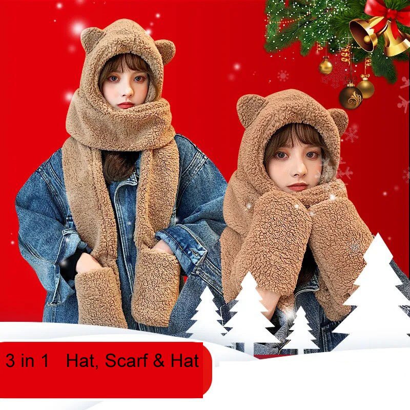 Pasamontañas con orejas para mujer, conjunto de gorro, bufanda y guantes de invierno, gorros cálidos e informales de felpa, accesorios Kawaii