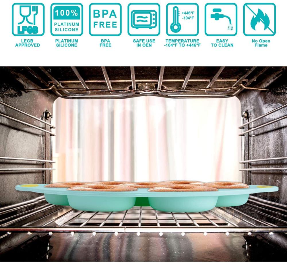 Donut Baking Pan cake Molds Tray Silicone Bakeware 7 Cavity with Reinforced Metal Core Handle Grip Non Stick