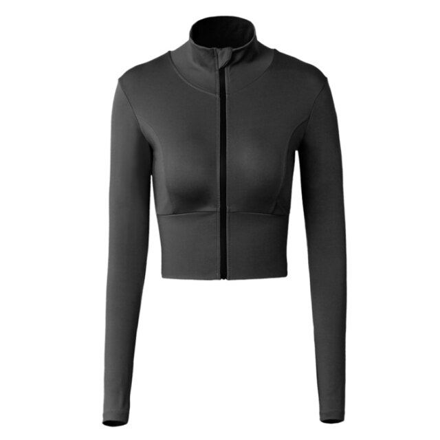 Fitness Running Jacket Lange Mouwen Training Rits Sport Shirt Snel Droog Jogging Crop Top Workout Sportkleding: S / black