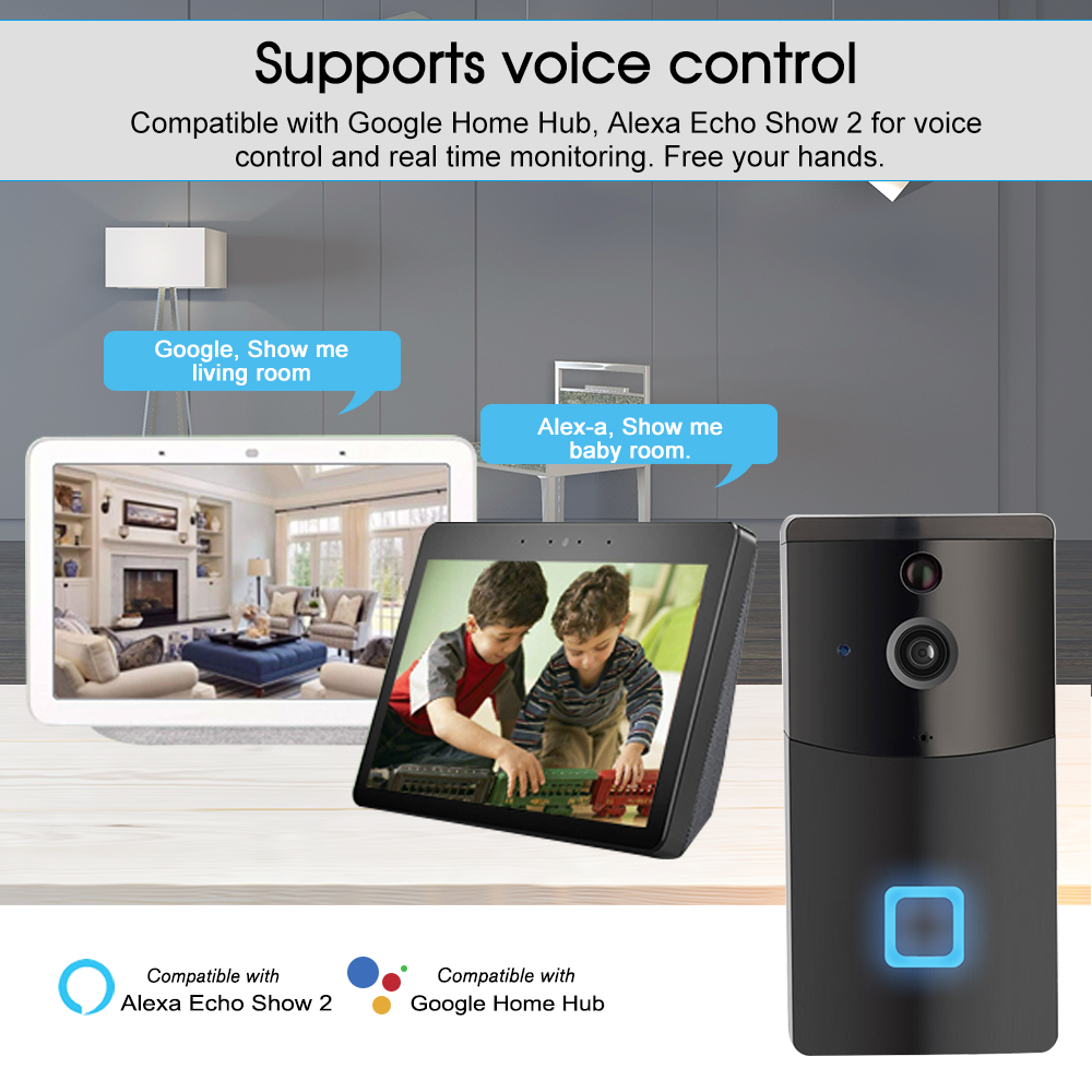 Wireless Visual Intercom Remote Home Monitoring WiFi DoorBell Tuya Remote with Alexa Show 2 & Google Home Voice Control