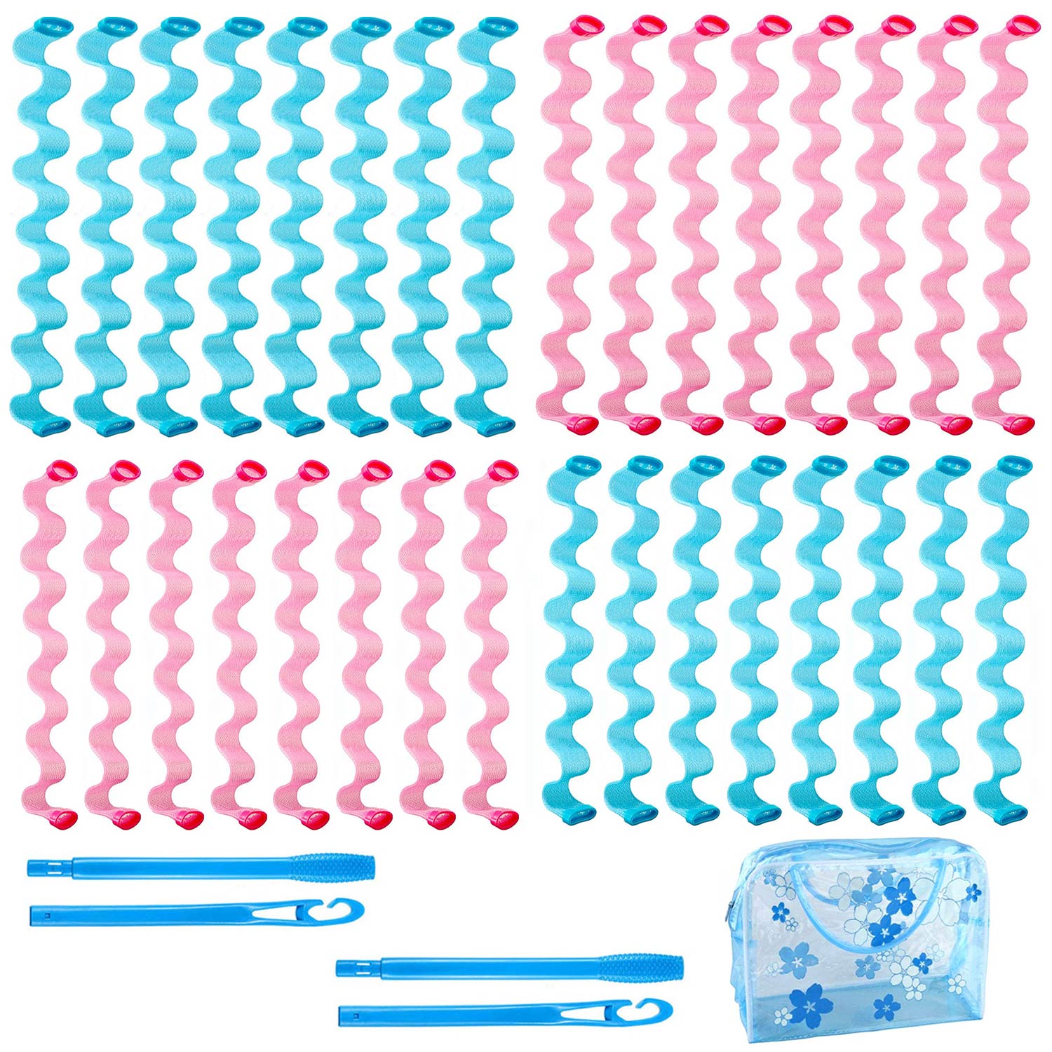 Bigoudis magiques en spirale, sans chaleur, avec 4 crochets, accessoires de coiffure pour la maison, bricolage, 32 pièces: 32pcs Red   Blue