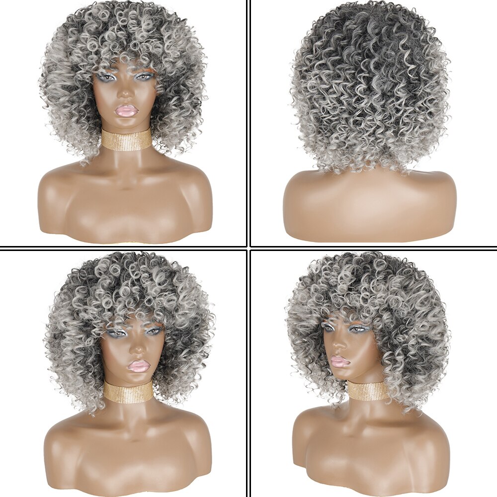 AZQUEEN Synthetic Afro Kinky Curly Wigs Short Curly Wig For Women With Bangs Mixed Black and Gray Wig for Black Women