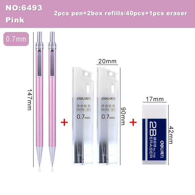 Deli Metal Mechanical Pencil 0.5 0.7mm Lead 2B Drawing Writing Activity Pencils For Artist School And Office Stationeries: 6493-Pink-0.7mm