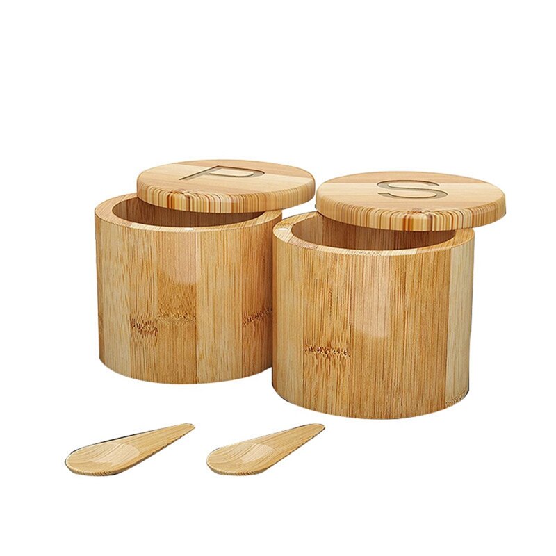 Bamboo Salt And Pepper Cellar,Spice Containers,Swivel Lids - 2 Boxes With Spoons - Engraved With S And P: Default Title