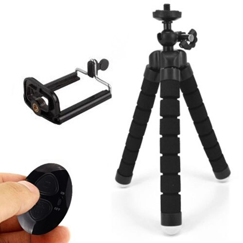 COOLJIER Flexible Sponge Octopus Mini Tripod With Bluetooth Remote Shutter For iPhone mini Camera Tripod Phone Holder clip stand: black with 2